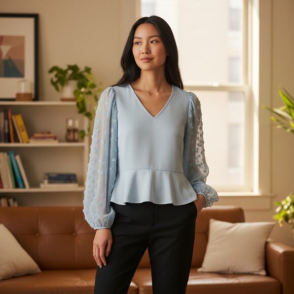 Peach Love California Light Blue Peplum Top M V‑Neck Swiss Dot Sleeve EUC - Picture 2 of 9